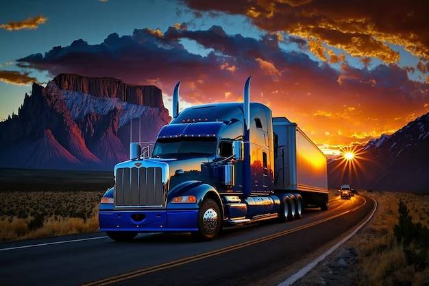 large-blue-truck-driving-highway-sunset-mountains-background-generative-ai_741672-1656