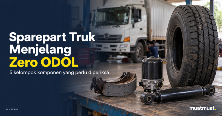 lustrasi sparepart truk berupa ban, kampas rem, air dryer, dan shock absorber di bengkel.