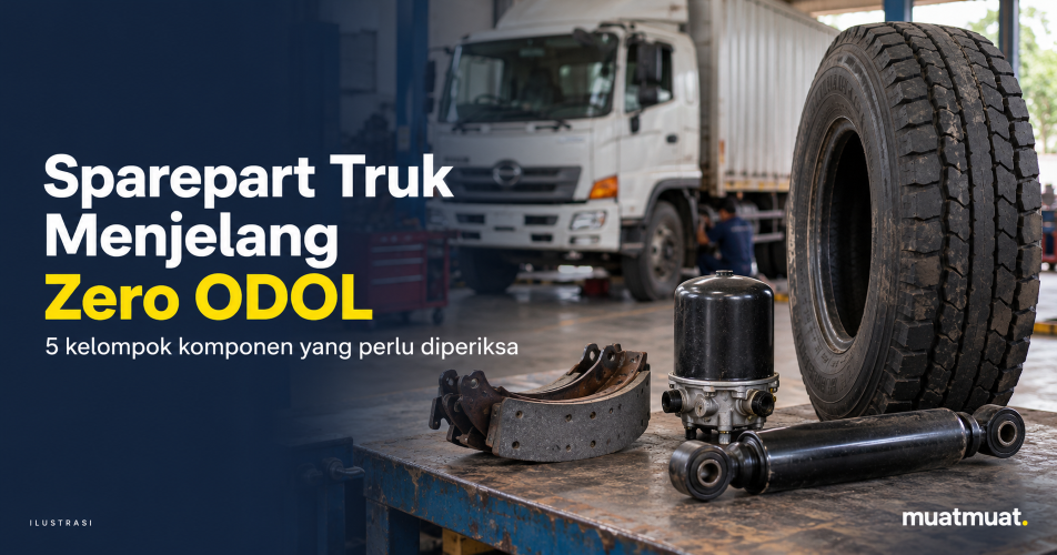 lustrasi sparepart truk berupa ban, kampas rem, air dryer, dan shock absorber di bengkel.